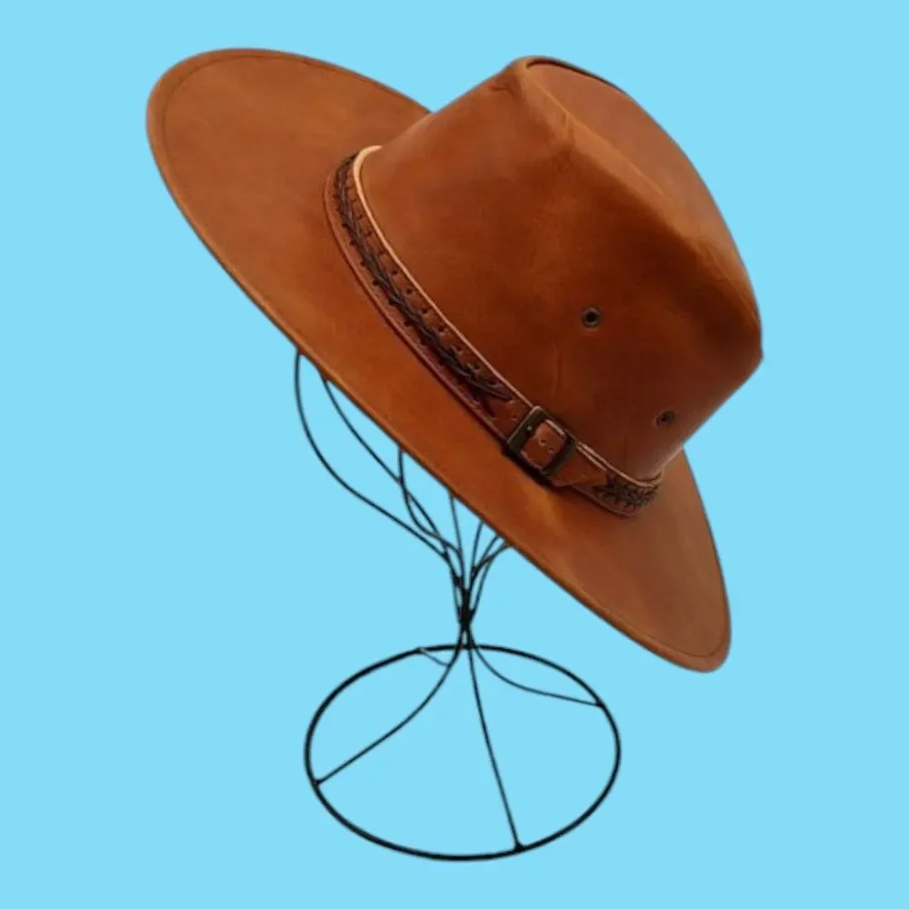 Colombian Crafted Small Brown Leather Western Cowboy Outback Boho Distressed Hat
